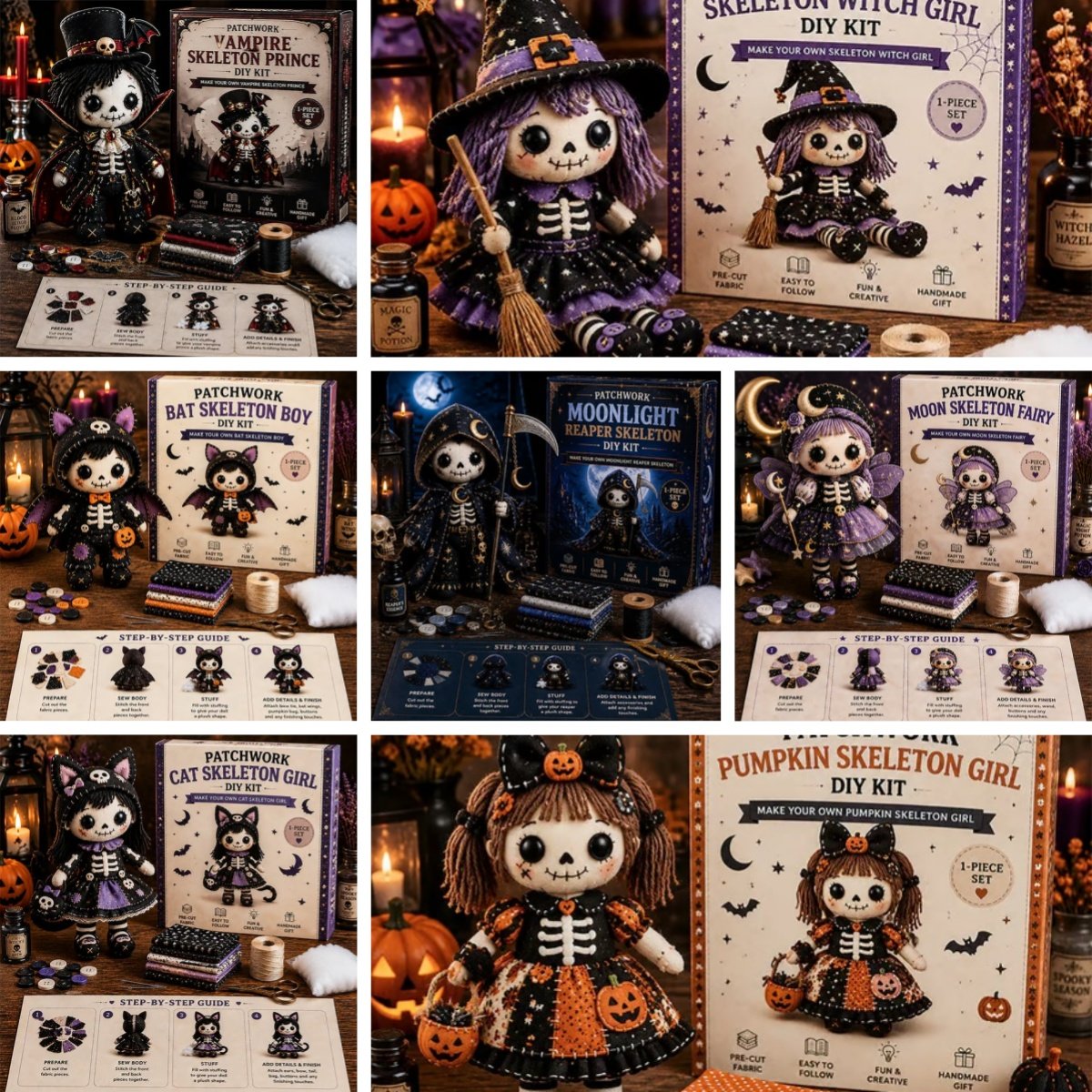 🔥HOT SALE 50% OFF🎃🧙♀️Patchwork Skeleton Witch Girl DIY Kit👻🦴🎃 – Handmade Halloween Wall & Door Décor