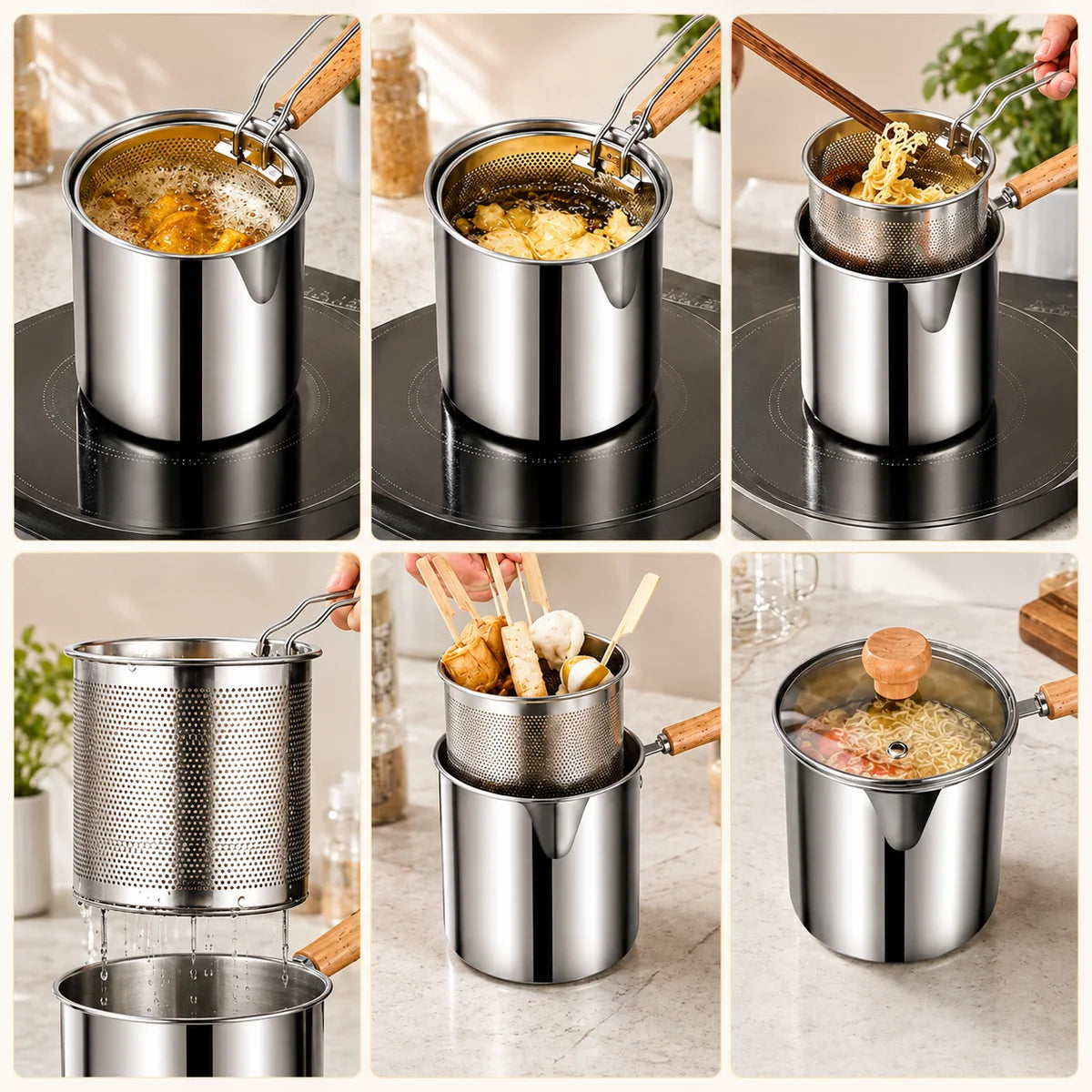 🍟 Personal Mini Deep Fryer Set – Stainless Steel Pot with Lift-Out Draining Basket & Food Tongs