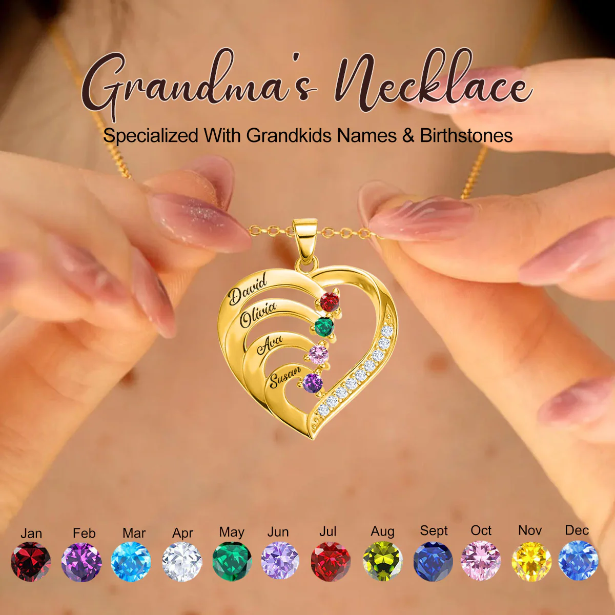 Personalized Family Heart Birthstone Necklace For Mom Grandma