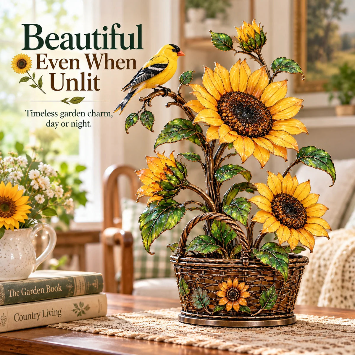 ⏰Limited Stock 50% OFF - 🌻 Golden Sunflower & Goldfinch Basket Lamp | Lighted Floral Table Decor ✨