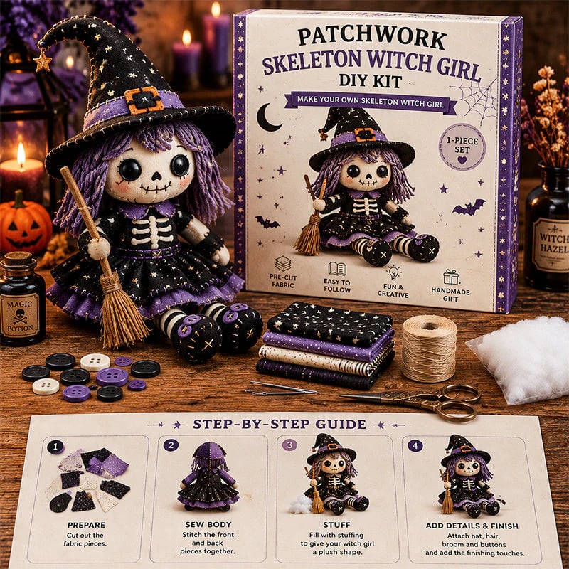 🔥HOT SALE 50% OFF🎃🧙‍♀️Patchwork Skeleton Witch Girl DIY Kit👻🦴🎃  – Handmade Halloween Wall & Door Décor